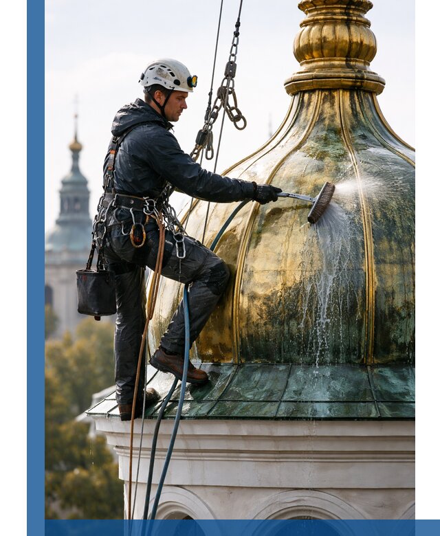 Профессиональная мойка куполов и шпилей высотными альпинистами в Соколе