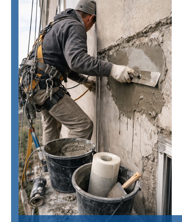 Ремонт бетонных элементов фасада промышленными альпинистами в Соколе