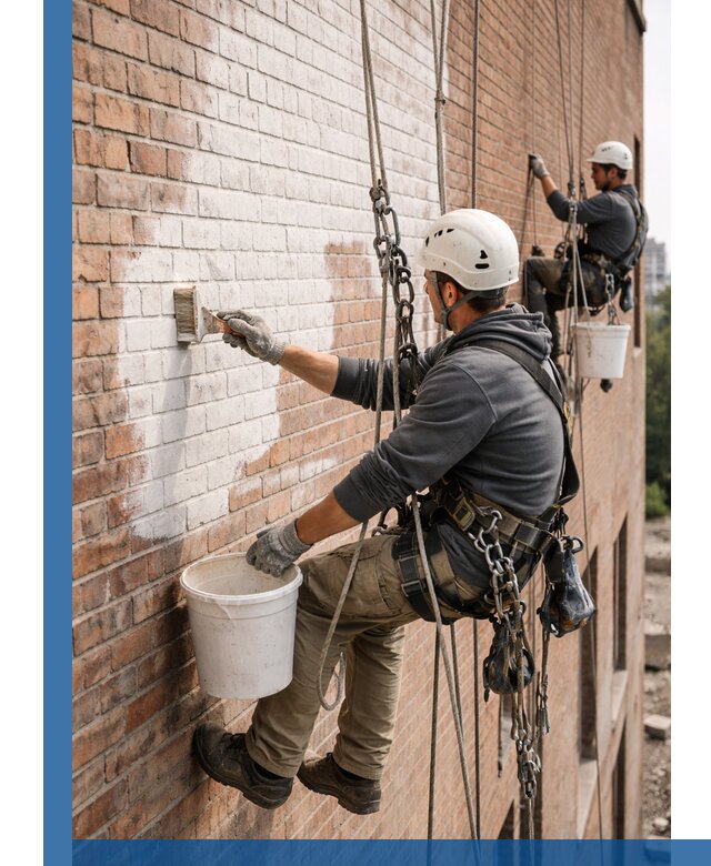 Покраска кирпичного фасада с доступным альпинистским сервисом в Соколе