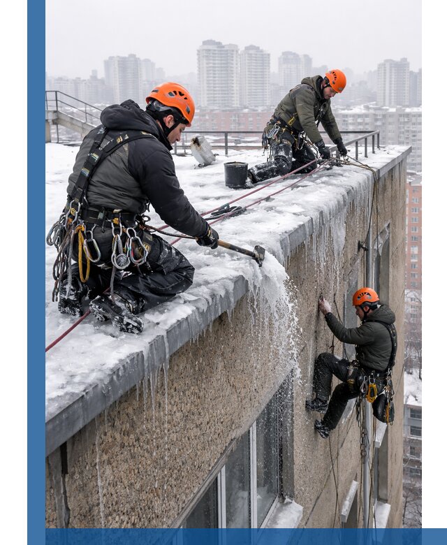 Удаление наледи с кровли в Соколе промышленными альпинистами