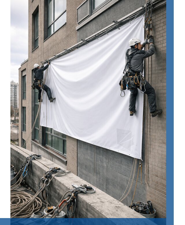 Монтаж баннеров на фасаде в Соколе от 677 р. заказать ВЫСОТНИК-Скл