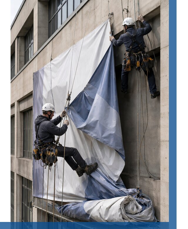 Демонтаж баннеров с фасада в Соколе от 4689 р. | ВЫСОТНИК-Скл