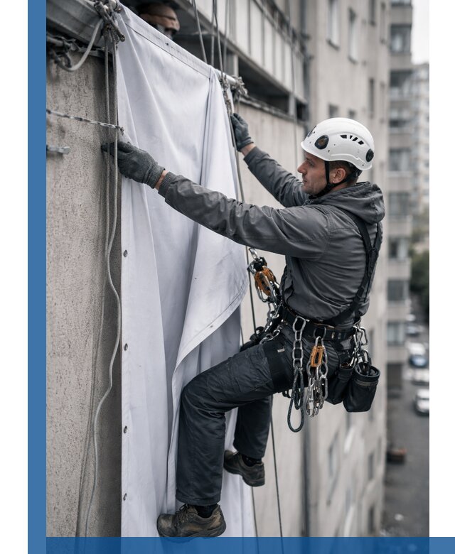 Замена баннерного полотна промышленными альпинистами в Соколе