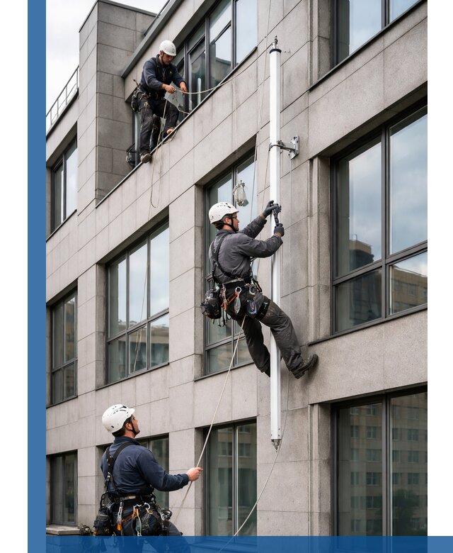 Монтаж флагштока на фасаде здания с креплением и герметикой в Соколе