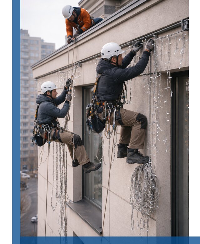 Монтаж праздничных гирлянд на фасаде в Соколе для зданий