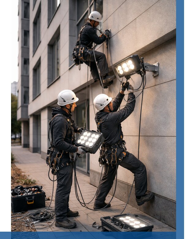 Монтаж прожекторов на фасаде в Соколе от 7814 р. | ВЫСОТНИК-Скл