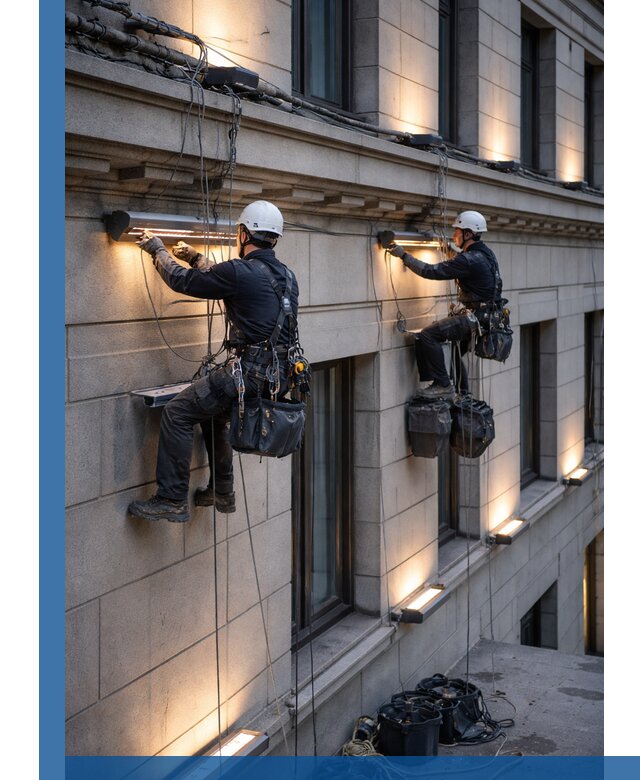 Монтаж архитектурной подсветки фасадов зданий в Соколе