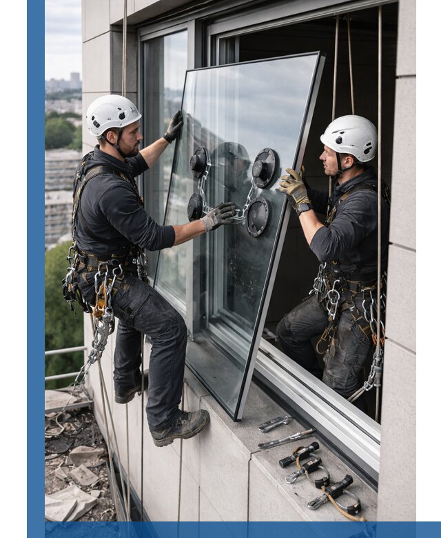 Замена стеклопакетов на высоте с промышленными альпинистами в Соколе
