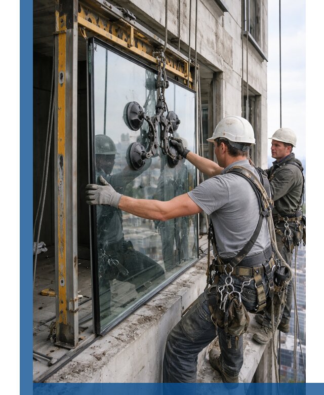 Монтаж стеклопакетов на высоте в Соколе с промышленным альпинизмом