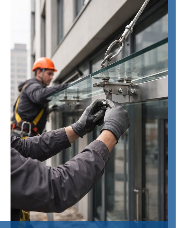 Монтаж стеклянных козырьков в Соколе от 8856 р. | ВЫСОТНИК-Скл