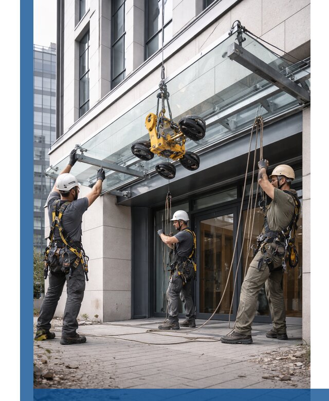 Монтаж стеклянных козырьков под ключ в Соколе для зданий