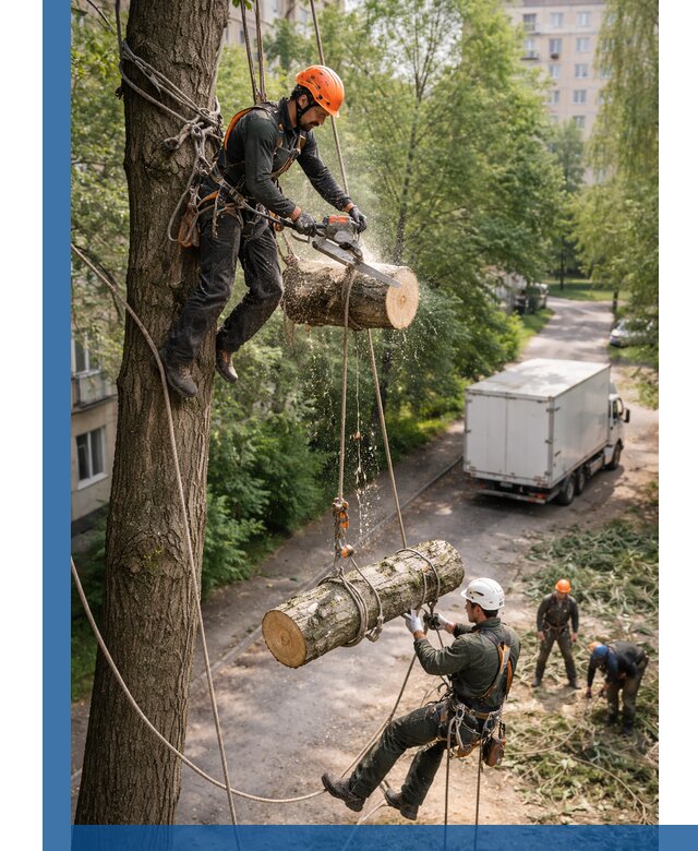 Спил деревьев альпинистами в Соколе, безопасно и без повреждений